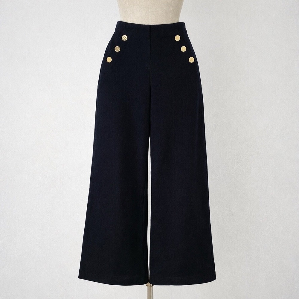 Spanx Size S The Perfect Pant Ponte Nautical Wide Leg Pants Black Gold Button